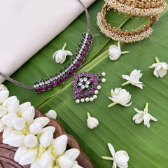 Vriksham Precious Kemp Black Polish Pendant Short Neckpiece-Red White-Pearl-G18540