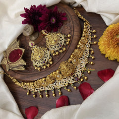 Vriksham Peacock With Lakshmi High Neck Choker-Green-Gold Bead-G18901