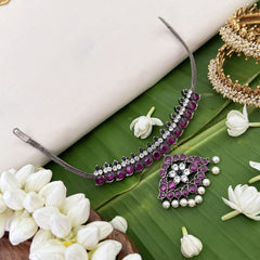 Vriksham Precious Kemp Black Polish Pendant Short Neckpiece-Red White-Pearl-G18540