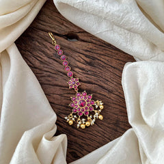 Red Kemp Stone Maang Tikka-Gold Bead-Pearl-G13542