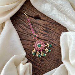 Red Kemp Stone Maang Tikka-Green Bead-Pearl-G13541