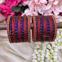 Vriksham Red and Cobalt Blue With Gilded Bead Borders Glass Bangles Set-G21761