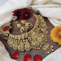 Vriksham Gold Lakshmi High Neck Choker-Green Red-Pearl-G18896
