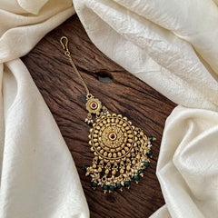 Designer Chakara Maang Tikka-Green Bead-Pearl-G13573