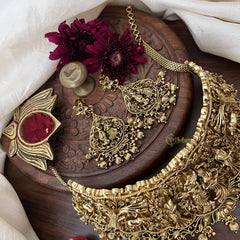 Vriksham Gold Radha Krishna High Neck Choker-Green Red-Gold Bead-G18897