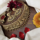 Vriksham Elephant With Lakshmi High Neck Choker-Green Red-Gold Bead-G18902