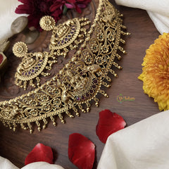 Vriksham Elephant With Lakshmi High Neck Choker-Green Red-Gold Bead-G18902