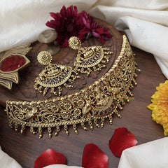 Vriksham Elephant With Lakshmi High Neck Choker-Green Red-Gold Bead-G18902