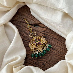 Premium AD Stone Maang Tikka-Green Bead-Pearl-G13557