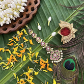 Vriksham Elegant Gold‑Tone Round Style Precious Kemp Mang Tikka-Red White & Green-Pearl-G20497