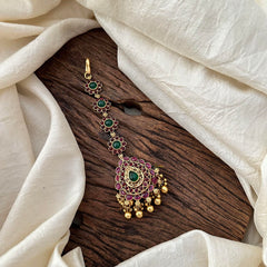 Red Green Kemp Stone Maang Tikka-Gold Bead-Tilak-G13549