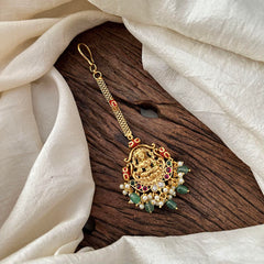 Lakshmi Maang Tikka-Coral-Aqua Green Bead-Pearl-G13566