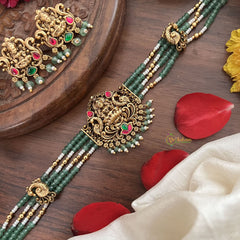 Vriksham 4 Layer Aqua Green Pearl Mala Dual Peacock High Neck Choker-Green Red-Aqua Green Bead-G18917