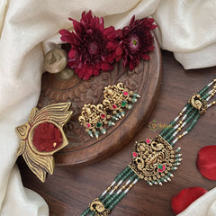 Vriksham 4 Layer Aqua Green Pearl Mala Dual Peacock High Neck Choker-Green Red-Aqua Green Bead-G18917