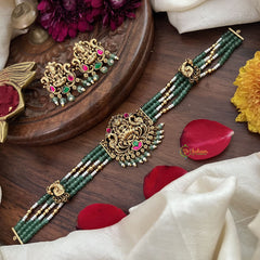 Vriksham 4 Layer Aqua Green Pearl Mala Dual Peacock High Neck Choker-Green Red-Aqua Green Bead-G18917