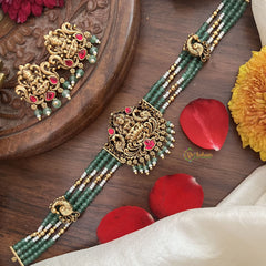 Vriksham 4 Layer Aqua Green Pearl Mala Dual Peacock High Neck Choker-Aqua Green Bead-G18916