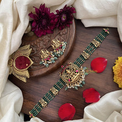 Vriksham Pastel Green Bead Lakshmi Temple High Neck Choker-Red-Pastel Green Bead-G18924