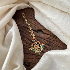 AD Stone Maang Tikka-Coral-Aqua Green Bead-Pearl-G13567