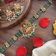 Vriksham Pastel Green Bead Lakshmi Temple High Neck Choker-Red-Pastel Green Bead-G18924