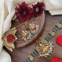 Vriksham Pastel Green Bead Lakshmi Temple High Neck Choker-Red-Pastel Green Bead-G18924