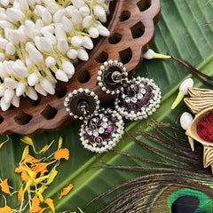 Vriksham Precious Black Polish Kemp Jhumka-Red White & Green-Pearl-G20501