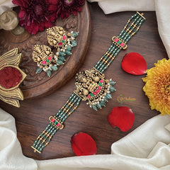 Vriksham 4 Layer Aqua Green Pearl Mala Lakshmi Pendant High Neck Choker-Red Green-Aqua Green Bead-G18919