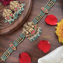 Vriksham 4 Layer Aqua Green Pearl Mala Lakshmi Pendant High Neck Choker-Red Green-Aqua Green Bead-G18919