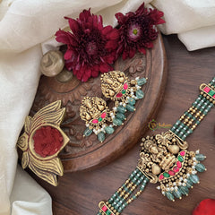 Vriksham 4 Layer Aqua Green Pearl Mala Lakshmi Pendant High Neck Choker-Red Green-Aqua Green Bead-G18919