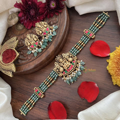 Vriksham 4 Layer Aqua Green Pearl Mala Lakshmi Pendant High Neck Choker-Red Green-Aqua Green Bead-G18919