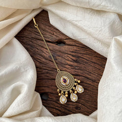 Stylish Maang Tikka-Tear Drop-Gold Bead-G13583