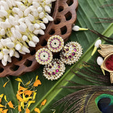 Vriksham Precious Gold Polish Kemp Jhumka-Red Green & White-Double Pearl-G20503