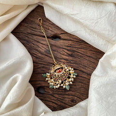 Unique AD Stone Maang Tikka-Coral-Aqua Green Bead-Pearl-G13585