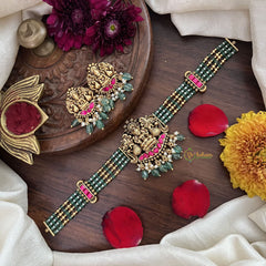 Vriksham 4 Layer Aqua Green Pearl Mala Lakshmi Pendant High Neck Choker-Red-Aqua Green Bead-G18918