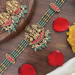 Vriksham 4 Layer Aqua Green Pearl Mala Lakshmi Pendant High Neck Choker-Red-Aqua Green Bead-G18918