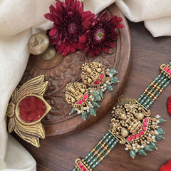 Vriksham 4 Layer Aqua Green Pearl Mala Lakshmi Pendant High Neck Choker-Red-Aqua Green Bead-G18918