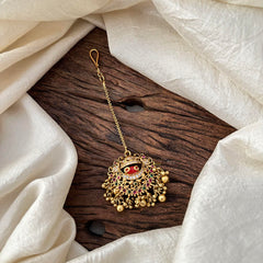 Unique AD Stone Maang Tikka-Coral-Gold Bead-G13584