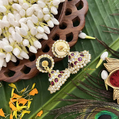 Vriksham Precious Gold Polish Kemp Jhumka-Red Green & White-Double Pearl-G20503