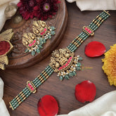 Vriksham 4 Layer Aqua Green Pearl Mala Lakshmi Pendant High Neck Choker-Red-Aqua Green Bead-G18918