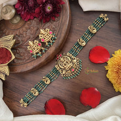 Vriksham Lakshmi Temple Choker-Red-Pastel Green Bead-G18925