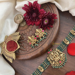 Vriksham Lakshmi Temple Choker-Red Green-Pastel Green Bead-G18926