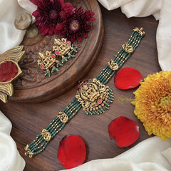 Vriksham Lakshmi Temple Choker-Red Green-Pastel Green Bead-G18926
