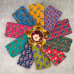 Vriksham Kalamkari Printed Cotton Fabric Floral & Geometric Patterns Blouse Bits-Set Of 10-VS5045