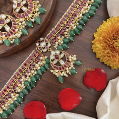 Vriksham Kemp Style Stone Flower Pendant High Neck Choker-Red Green-Aqua Green Bead-G18920