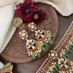 Vriksham Kemp Style Stone Flower Pendant High Neck Choker-Red Green-Aqua Green Bead-G18920