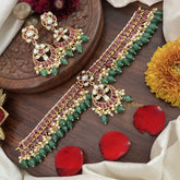 Vriksham Kemp Style Stone Flower Pendant High Neck Choker-Red Green-Aqua Green Bead-G18920