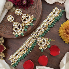 Vriksham Kemp Style Stone Flower Pendant High Neck Choker-White-Aqua Green Bead-G18921