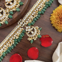 Vriksham Kemp Style Stone Flower Pendant High Neck Choker-White-Aqua Green Bead-G18921