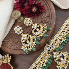 Vriksham Kemp Style Stone Flower Pendant High Neck Choker-White-Aqua Green Bead-G18921