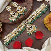 Vriksham Kemp Style Stone Flower Pendant High Neck Choker-White-Aqua Green Bead-G18921