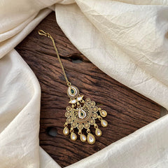 Designer Green AD Stone Maang Tikka-Tear Drop-Pearl-G13537